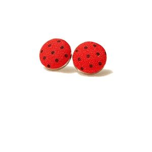 10/$10 Ladybug fabric covered button earrings, 14mm bezel